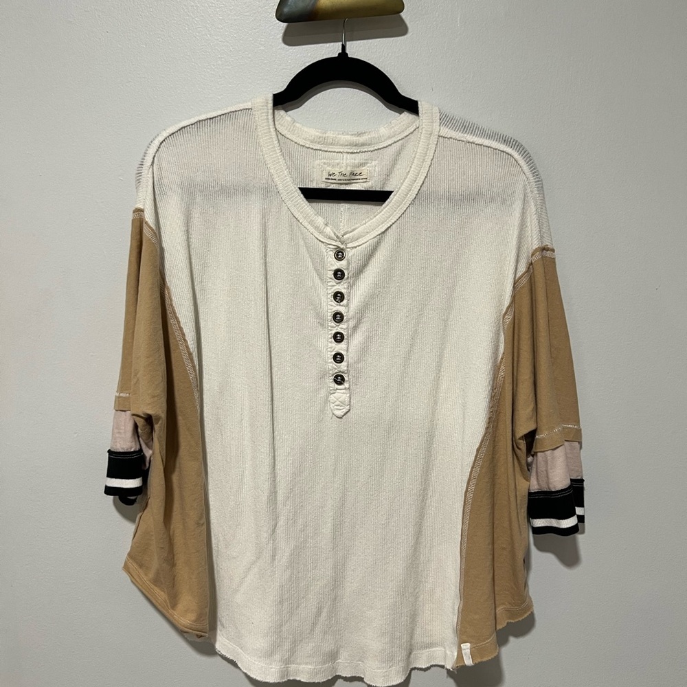 Free People Beige and White Button-Up Top